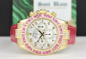Racing Professional Watches | Sant Blanc ROLEX 18kt Gold Daytona MOP Arabic Dial Custom Pink Baguette Bezel Diamond End Pieces Model 16518