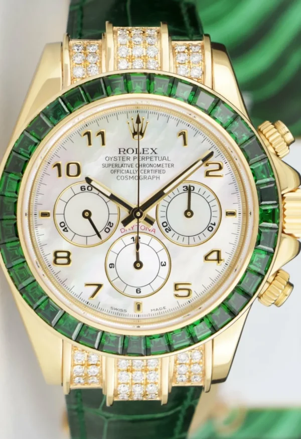 Racing Professional Watches | Sant Blanc ROLEX 18kt Gold Daytona MOP Arabic Dial Custom Green Baguette Bezel Diamond End PiecesModel 16518