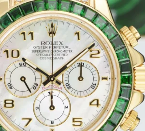 Racing Professional Watches | Sant Blanc ROLEX 18kt Gold Daytona MOP Arabic Dial Custom Green Baguette Bezel Diamond End PiecesModel 16518