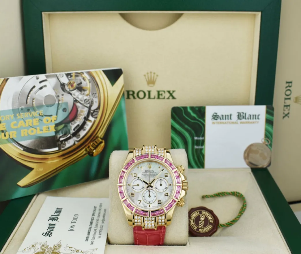 rolex_kt_gold_daytona_mot_0-1.webp Racing Professional Watches | Sant Blanc ROLEX 18kt Gold Daytona Mother of Pearl with Arabic Dial Custom Pink Baguette Bezel Model 16518