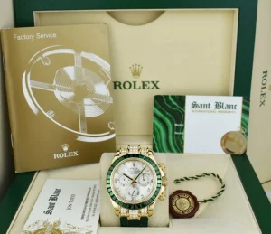 Racing Professional Watches | Sant Blanc ROLEX 18kt Gold Daytona Mother of Pearl Dial Custom Bezel Green Strap Model 116518