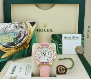 Racing Professional Watches | Sant Blanc ROLEX 18kt Gold Daytona Mother of Pearl Arabic Custom Bezel Lizard Strap Model 16518