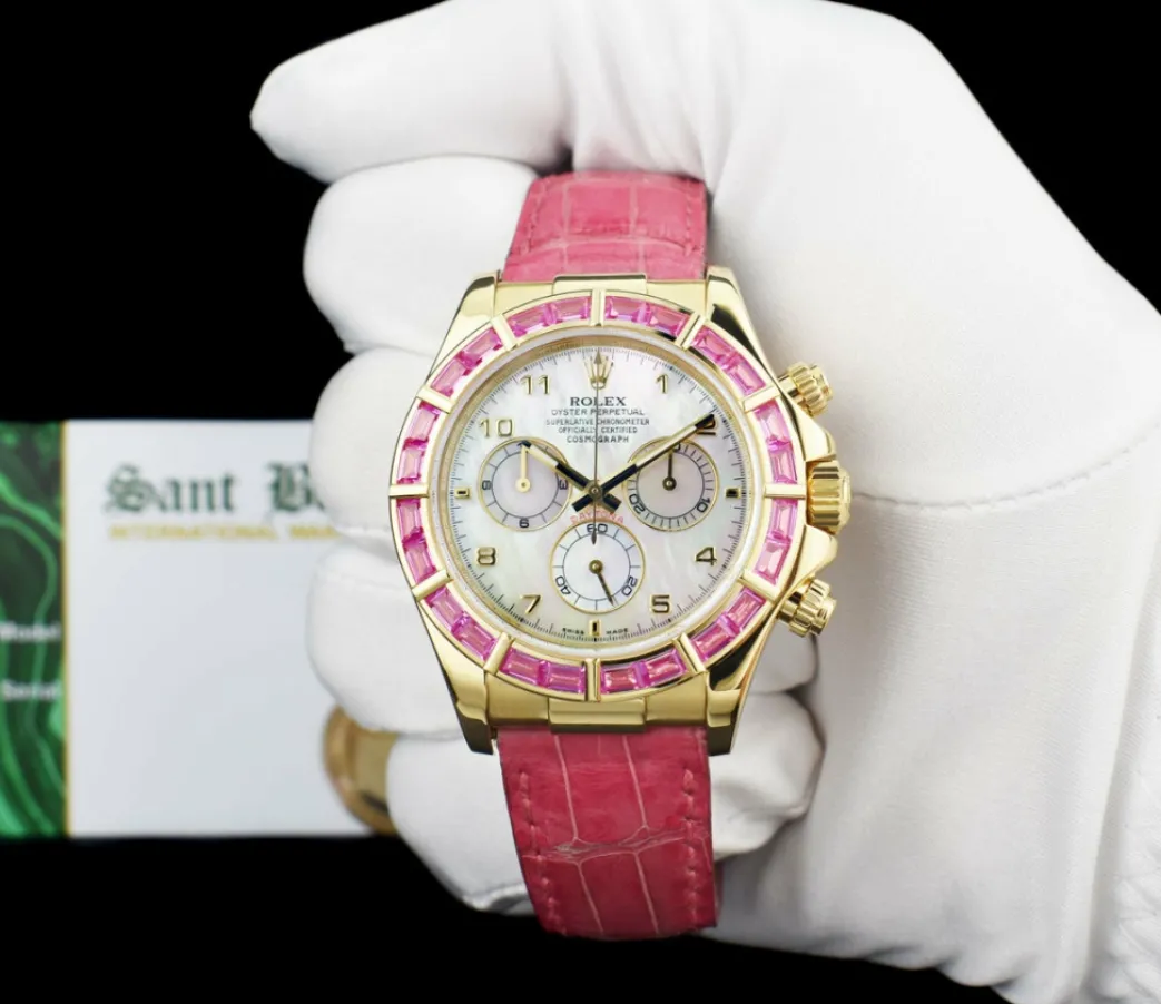 rolex_kt_gold_daytona_mot_1-2.webp Racing Professional Watches | Sant Blanc ROLEX 18kt Gold Daytona Mother of Pearl Dial Custom Bezel Pink Croc Strap Model 116518