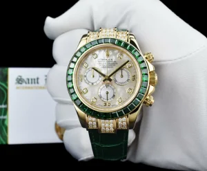 Racing Professional Watches | Sant Blanc ROLEX 18kt Gold Daytona Mother of Pearl Dial Custom Bezel Green Strap Model 116518
