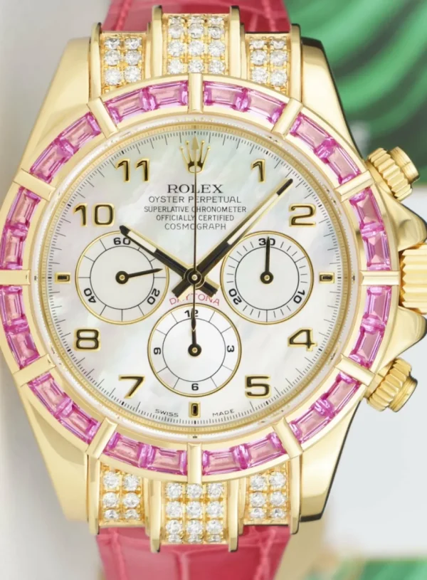 Racing Professional Watches | Sant Blanc ROLEX 18kt Gold Daytona Mother of Pearl with Arabic Dial Custom Pink Baguette Bezel Model 16518