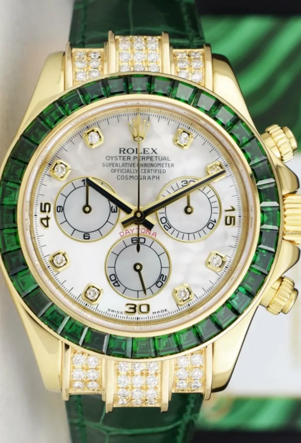 Racing Professional Watches | Sant Blanc ROLEX 18kt Gold Daytona Mother of Pearl Dial Custom Bezel Green Strap Model 116518