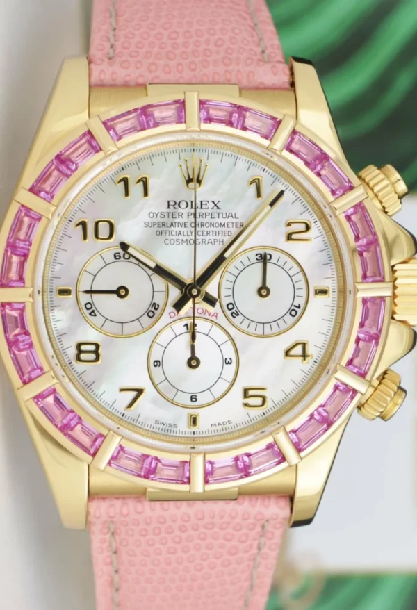 Racing Professional Watches | Sant Blanc ROLEX 18kt Gold Daytona Mother of Pearl Arabic Custom Bezel Lizard Strap Model 16518