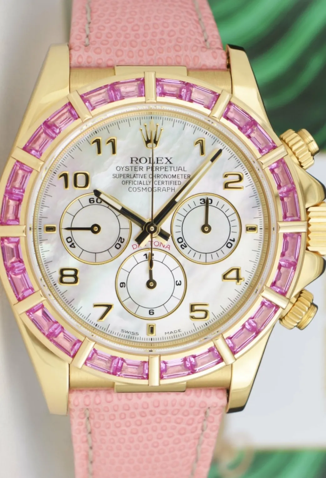 rolex_kt_gold_daytona_mot_2.webp Racing Professional Watches | Sant Blanc ROLEX 18kt Gold Daytona Mother of Pearl Arabic Custom Bezel Lizard Strap Model 16518