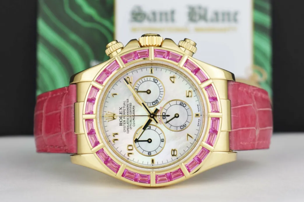 rolex_kt_gold_daytona_mot_3-2.webp Racing Professional Watches | Sant Blanc ROLEX 18kt Gold Daytona Mother of Pearl Dial Custom Bezel Pink Croc Strap Model 116518
