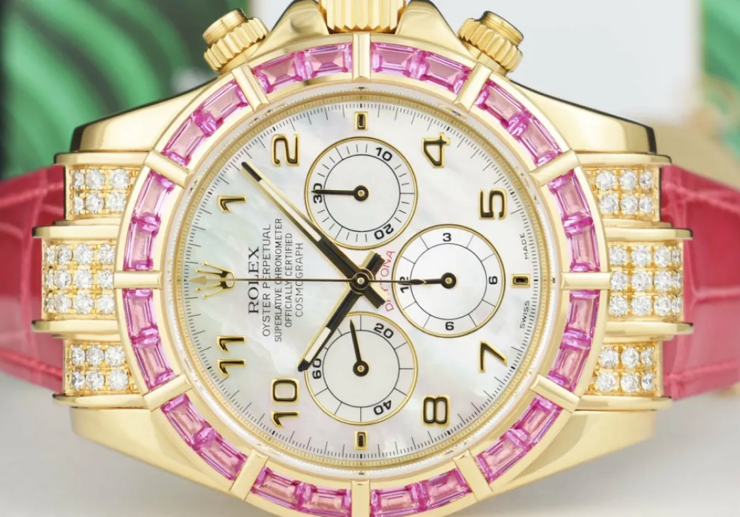 rolex_kt_gold_daytona_mot_5-1.webp Racing Professional Watches | Sant Blanc ROLEX 18kt Gold Daytona Mother of Pearl with Arabic Dial Custom Pink Baguette Bezel Model 16518