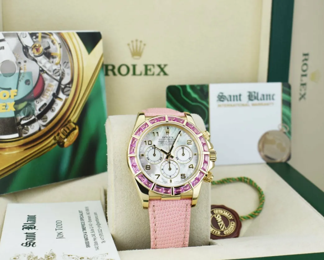 rolex_kt_gold_daytona_mot_5.webp Racing Professional Watches | Sant Blanc ROLEX 18kt Gold Daytona Mother of Pearl Arabic Custom Bezel Lizard Strap Model 16518