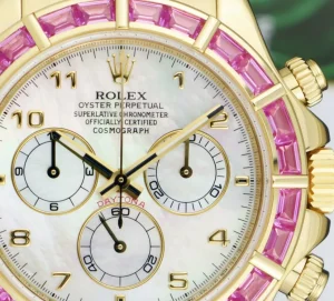 Racing Professional Watches | Sant Blanc ROLEX 18kt Gold Daytona Mother of Pearl Dial Custom Bezel Pink Croc Strap Model 116518
