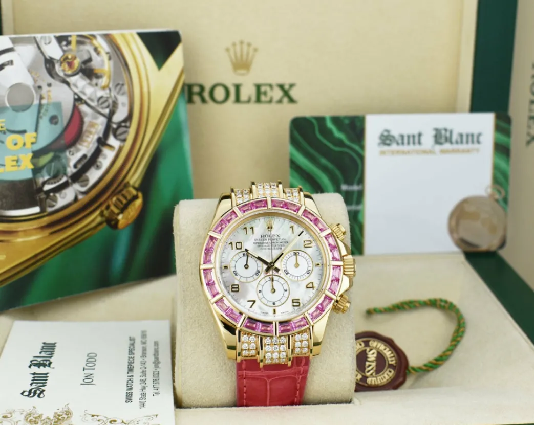 rolex_kt_gold_daytona_mot_7-1.webp Racing Professional Watches | Sant Blanc ROLEX 18kt Gold Daytona Mother of Pearl with Arabic Dial Custom Pink Baguette Bezel Model 16518