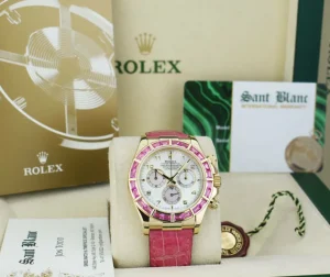 Racing Professional Watches | Sant Blanc ROLEX 18kt Gold Daytona Mother of Pearl Dial Custom Bezel Pink Croc Strap Model 116518