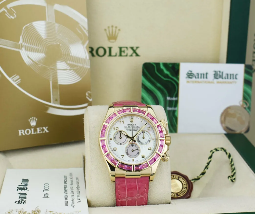 rolex_kt_gold_daytona_mot_7-2.webp Racing Professional Watches | Sant Blanc ROLEX 18kt Gold Daytona Mother of Pearl Dial Custom Bezel Pink Croc Strap Model 116518