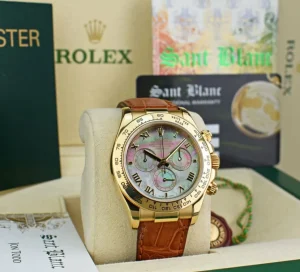 Men's Watches | Racing Professional Watches | Sant Blanc ROLEX 18kt Gold Daytona Tahitian Mother of Pearl Roman Brown Strap Model 116518