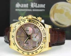 Men's Watches | Racing Professional Watches | Sant Blanc ROLEX 18kt Gold Daytona Tahitian Mother of Pearl Roman Dial Burgundy Strap Model 116518