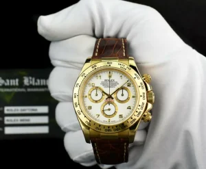 Sports Watches | Men's Watches | Sant Blanc ROLEX 18kt Gold Daytona White Arabic Dial Brown Strap Model 116518