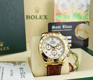 Sports Watches | Men's Watches | Sant Blanc ROLEX 18kt Gold Daytona White Arabic Dial Brown Strap Model 116518