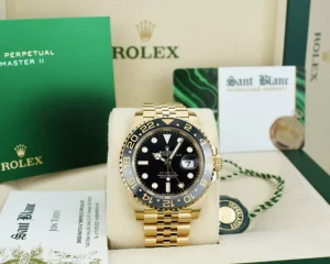 Pilots Professional Watches | Sant Blanc ROLEX 18kt Gold GMT Master II Black Gray Bezel Box & Card Model 126718 GRNR
