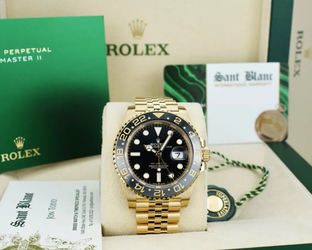 rolex_kt_gold_gmt_master__0.webp Pilots Professional Watches | Sant Blanc ROLEX 18kt Gold GMT Master II Black Gray Bezel Box & Card Model 126718 GRNR