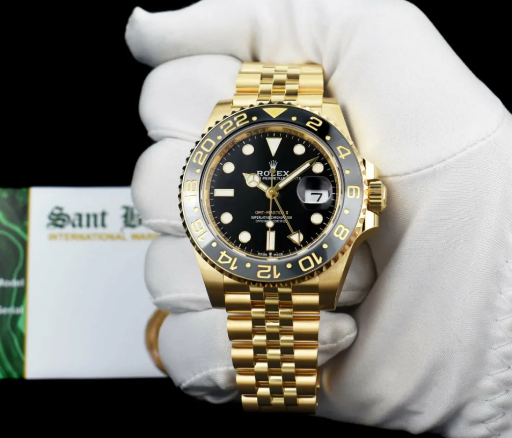 rolex_kt_gold_gmt_master__1.webp Pilots Professional Watches | Sant Blanc ROLEX 18kt Gold GMT Master II Black Gray Bezel Box & Card Model 126718 GRNR