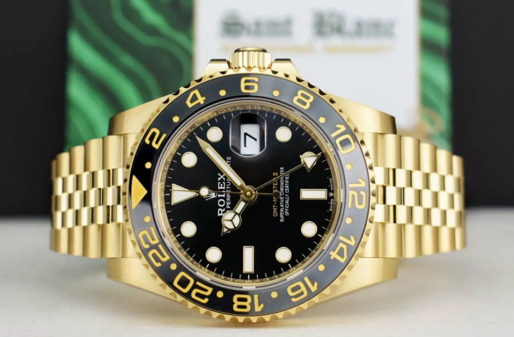 rolex_kt_gold_gmt_master__3.webp Pilots Professional Watches | Sant Blanc ROLEX 18kt Gold GMT Master II Black Gray Bezel Box & Card Model 126718 GRNR