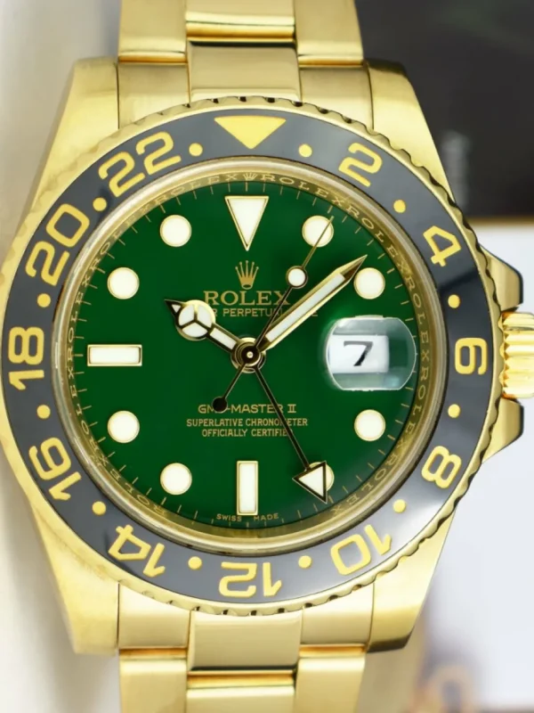 Men's Watches | Pilots Professional Watches | Sant Blanc ROLEX 18kt Gold GMT Master II Ceramic Green Dial Card, Box, Books, etc Model 116718