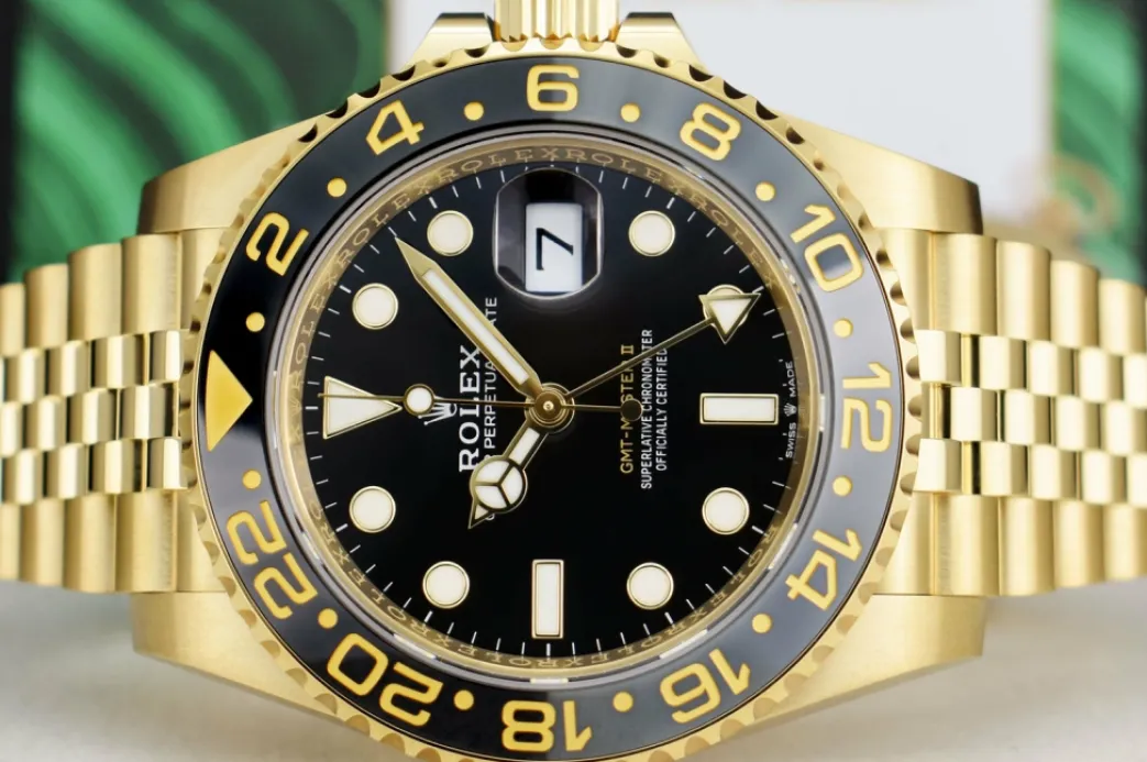 rolex_kt_gold_gmt_master__4.webp Pilots Professional Watches | Sant Blanc ROLEX 18kt Gold GMT Master II Black Gray Bezel Box & Card Model 126718 GRNR