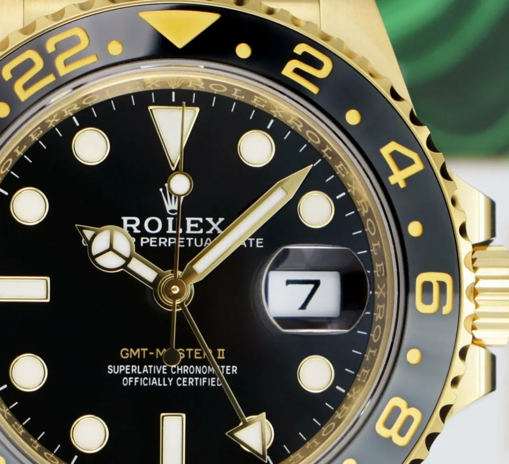 rolex_kt_gold_gmt_master__6.webp Pilots Professional Watches | Sant Blanc ROLEX 18kt Gold GMT Master II Black Gray Bezel Box & Card Model 126718 GRNR