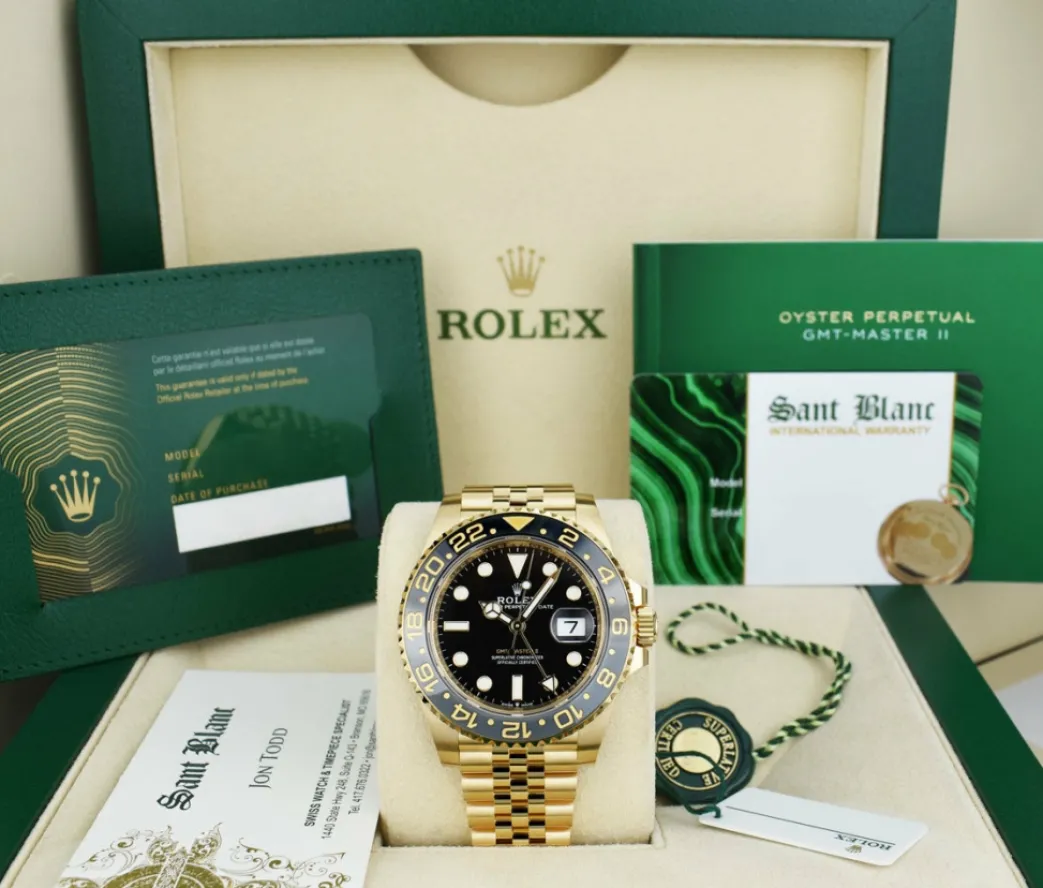 rolex_kt_gold_gmt_master__7.webp Pilots Professional Watches | Sant Blanc ROLEX 18kt Gold GMT Master II Black Gray Bezel Box & Card Model 126718 GRNR