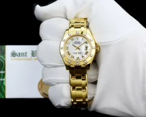 The Masterpiece | Ladies Watches | Sant Blanc ROLEX 18kt Gold Pearlmaster Masterpiece Mother of Pearl Roman with Papers Model 80318
