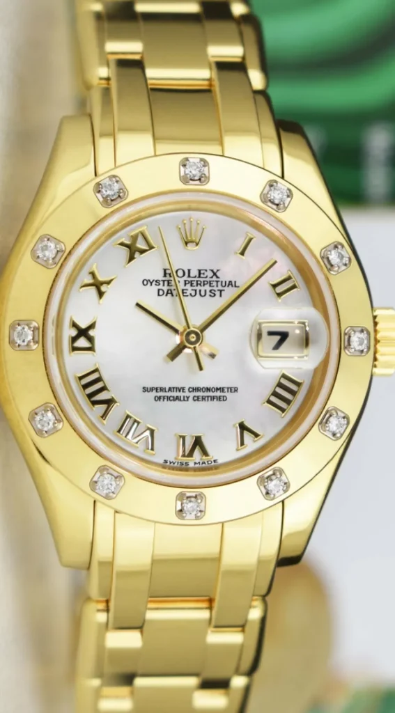 The Masterpiece | Ladies Watches | Sant Blanc ROLEX 18kt Gold Pearlmaster Masterpiece Mother of Pearl Roman with Papers Model 80318