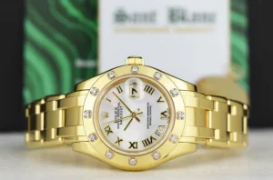 The Masterpiece | Ladies Watches | Sant Blanc ROLEX 18kt Gold Pearlmaster Masterpiece Mother of Pearl Roman with Papers Model 80318