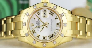 The Masterpiece | Ladies Watches | Sant Blanc ROLEX 18kt Gold Pearlmaster Masterpiece Mother of Pearl Roman with Papers Model 80318
