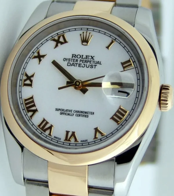Dress Watches | Sant Blanc ROLEX 18kt Gold Stainless DateJust White Roman Dial Model 116203
