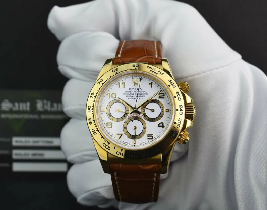 rolex_kt_gold_zenith_dayt_1.webp Sports Watches | Racing Professional Watches | Sant Blanc ROLEX 18kt Gold Zenith Daytona White Arabic Dial Model 16518