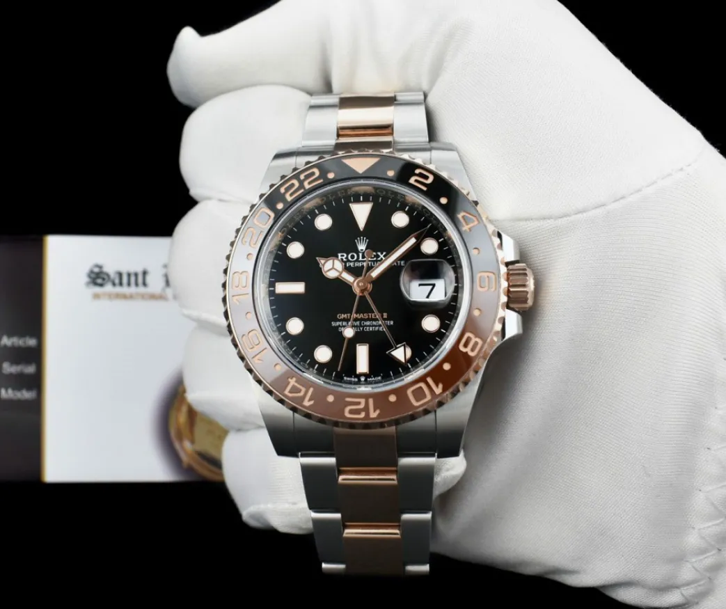 rolex_kt_rose_gold__stain_1-1.webp Pilots Professional Watches | Sant Blanc ROLEX 18kt Rose Gold & Stainless Steel GMT Master II Root Beer Bezel Box & Card Model 126711