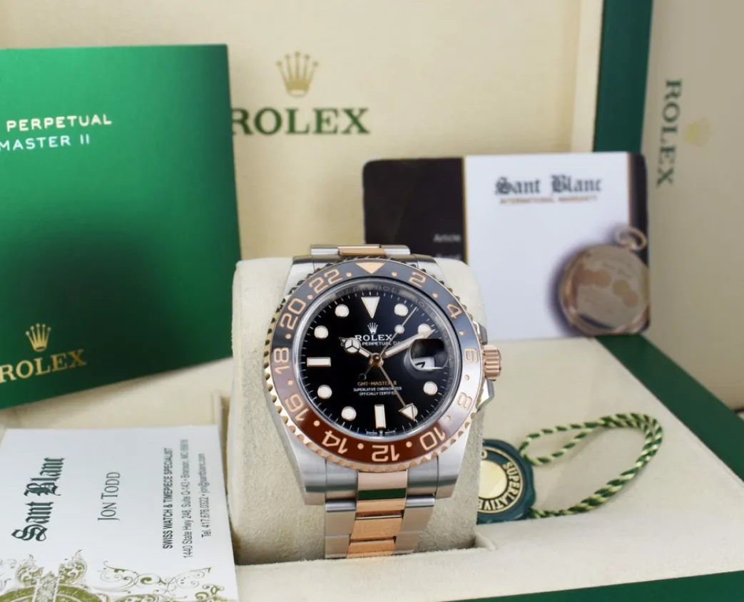 rolex_kt_rose_gold__stain_2-1.webp Pilots Professional Watches | Sant Blanc ROLEX 18kt Rose Gold & Stainless Steel GMT Master II Root Beer Bezel Box & Card Model 126711