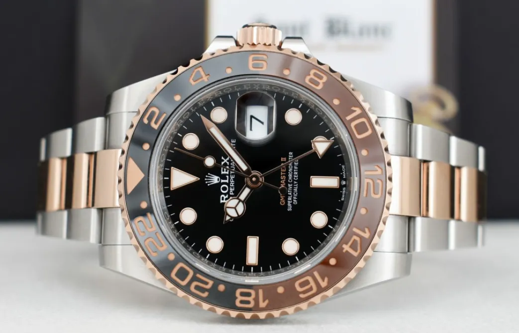 rolex_kt_rose_gold__stain_3-1.webp Pilots Professional Watches | Sant Blanc ROLEX 18kt Rose Gold & Stainless Steel GMT Master II Root Beer Bezel Box & Card Model 126711