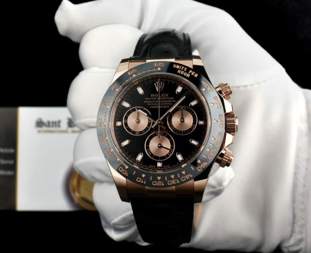 rolex_kt_rose_gold_dayton_1-1.webp Racing Professional Watches | Sant Blanc ROLEX 18kt Rose Gold Daytona Leather Strap Black Rose Panda 116515