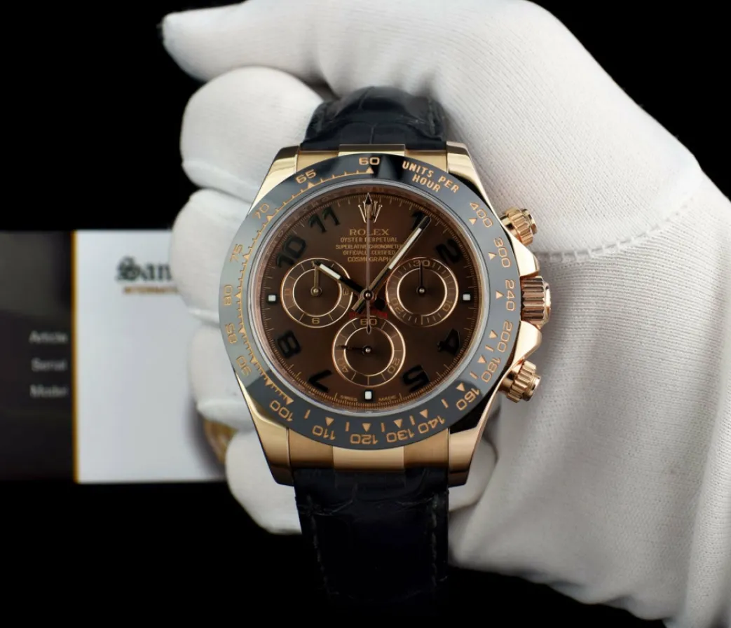 rolex_kt_rose_gold_dayton_1-7.webp Men's Watches | Racing Professional Watches | Sant Blanc ROLEX 18kt Rose Gold Daytona Chocolate Arabic Dial Black Ceramic Bezel Model 116515