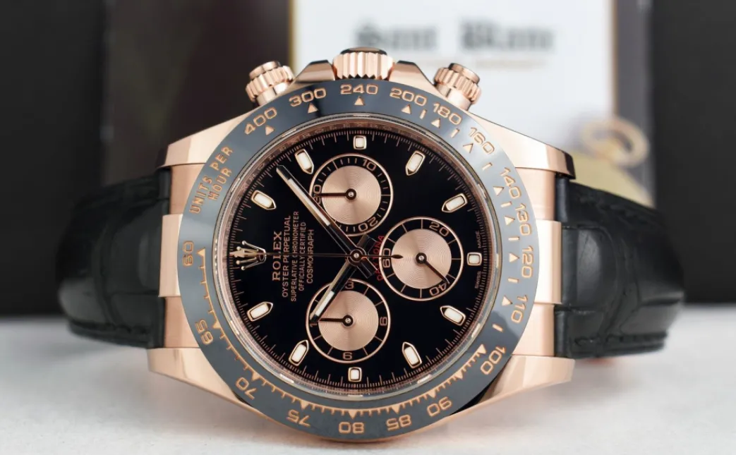 rolex_kt_rose_gold_dayton_4-1.webp Racing Professional Watches | Sant Blanc ROLEX 18kt Rose Gold Daytona Leather Strap Black Rose Panda 116515