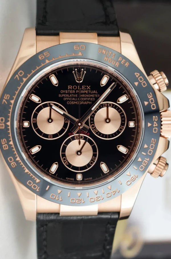 Racing Professional Watches | Sant Blanc ROLEX 18kt Rose Gold Daytona Alligator Band Black Dial with Card Model 116515