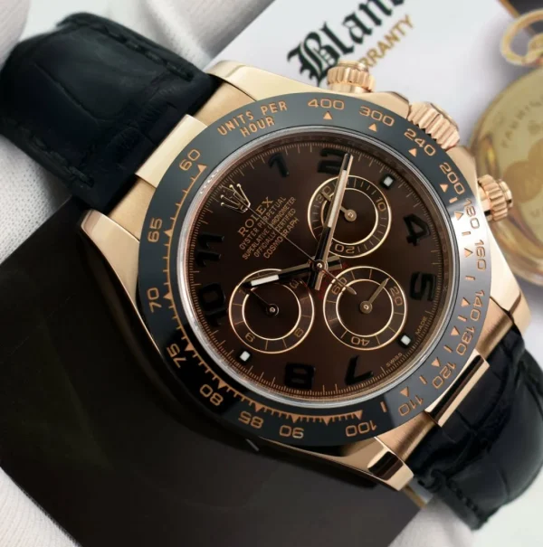 Men's Watches | Racing Professional Watches | Sant Blanc ROLEX 18kt Rose Gold Daytona Chocolate Arabic Dial Black Ceramic Bezel Model 116515