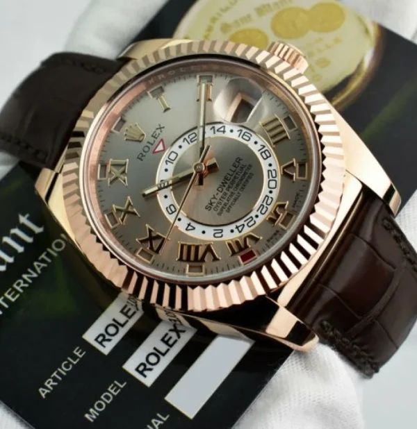 Pilots Classic Watches | Sant Blanc ROLEX 18kt Rose Gold Sky Dweller Silver Sunray Roman Dial Model 326135