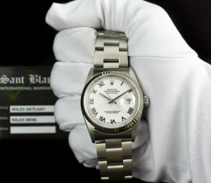 Men's Watches | Dress Watches | Sant Blanc Rolex 18kt White Gold & Stainless Steel Datejust White Roman Dial Oyster Band Model 16234
