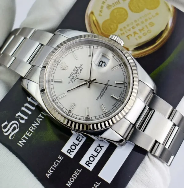Dress Watches | Sant Blanc ROLEX 18kt White Gold & Stainless DateJust Silver Index Dial Model 116234