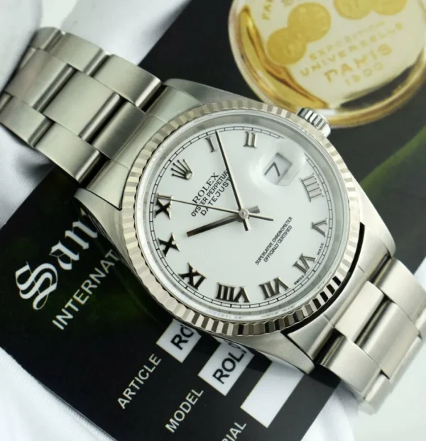 Men's Watches | Dress Watches | Sant Blanc Rolex 18kt White Gold & Stainless Steel Datejust White Roman Dial Oyster Band Model 16234