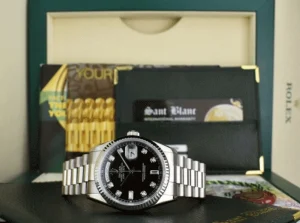 Men's Watches | President Dress Watches | Sant Blanc ROLEX 18kt White Gold Day Date President Black Diamond Dial Fat Buckle Model 118239